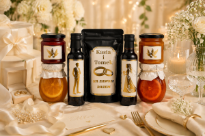 Zestaw Ślubny Prezentowy Personalizowany ŚLUB DLA MŁODEJ PARY Kawa Syrop Konfitura Cytrynki